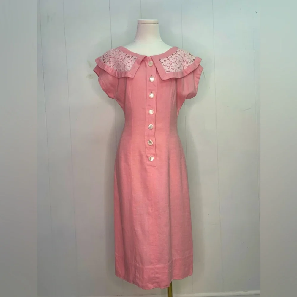 Vintage 1940s Linen Tea Dress lace collar - Picture 2 of 3